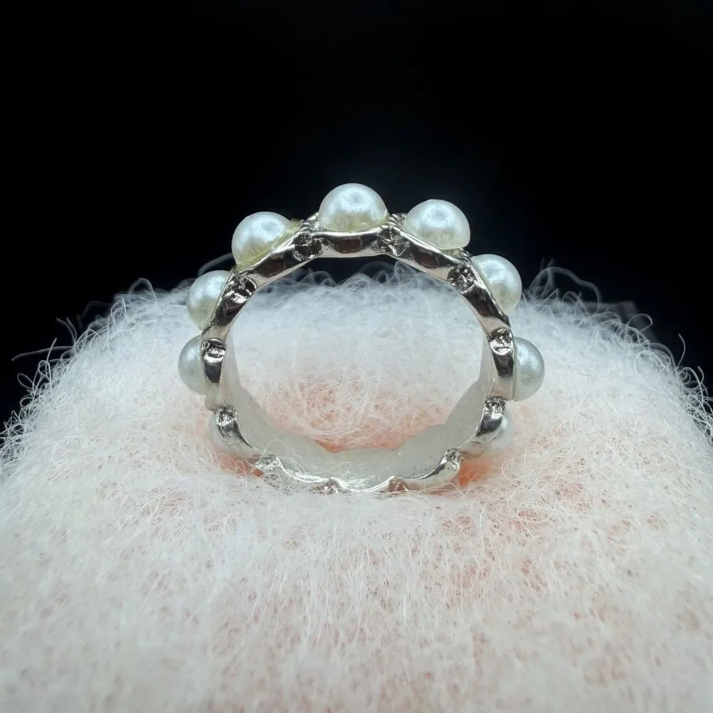 VTG Silver Tone Pearl Eternity Ring Band Scalloped Stackable Statement Size 5.75
